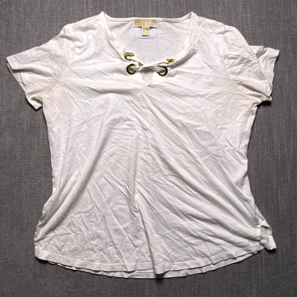 Michael Kors Womens White Lace Up Split Neck T Shirt Side Slit Round Hem Small